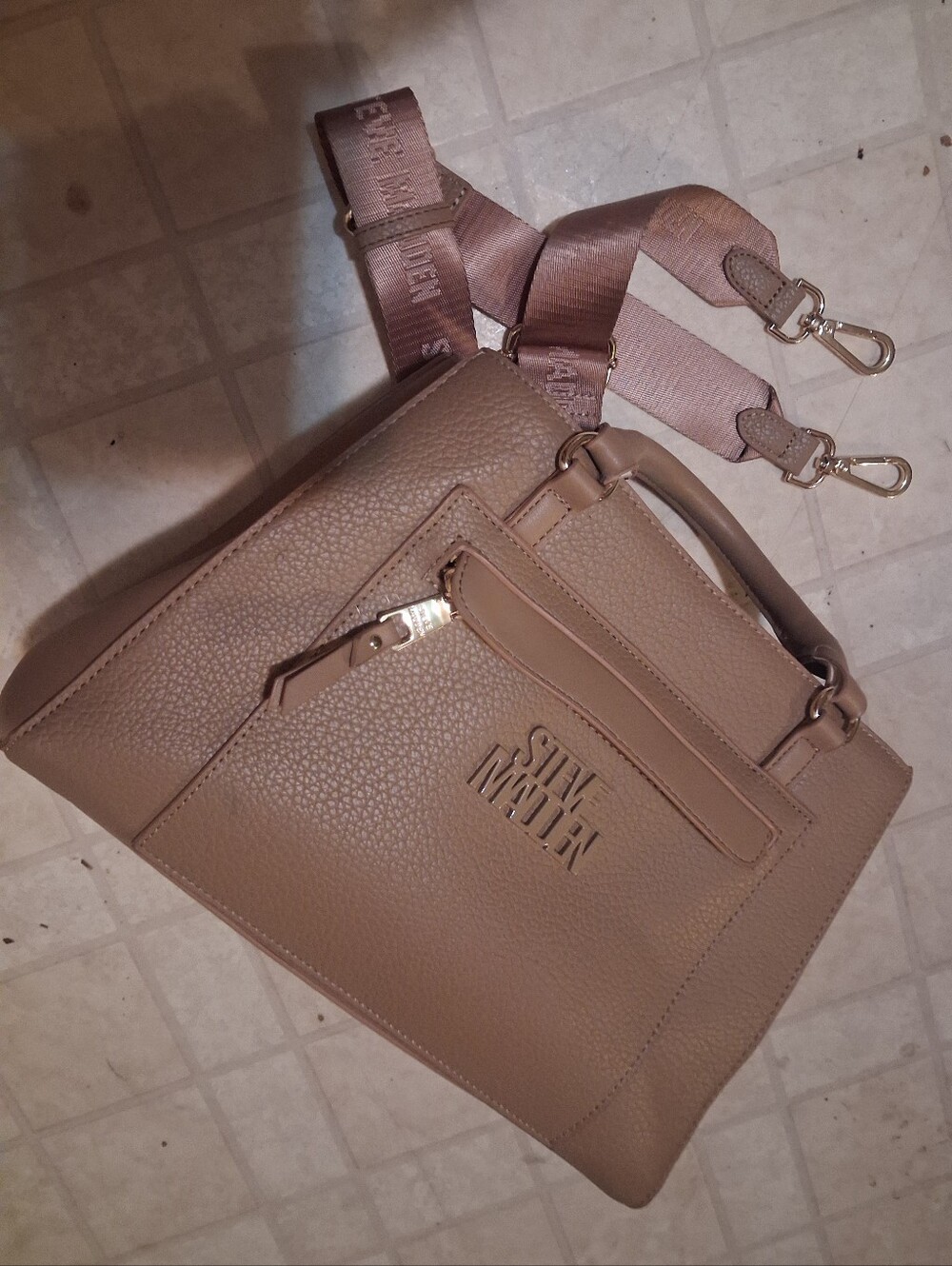 Steve Madden Taupe Pebbled Leather Satchel with Detachable Strap